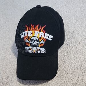 Black Cap with Skull and Flames Design Live Free Ride Free Logo
